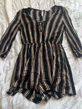 re:named Black and Tan Striped Long Sleeve Romper